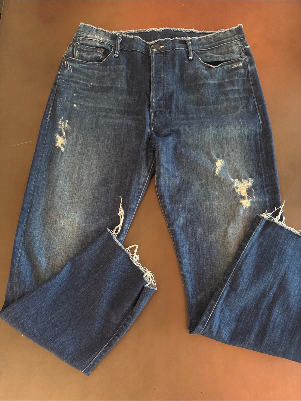 MOTHER Men's Straight Dark Blue Distressed Jeans